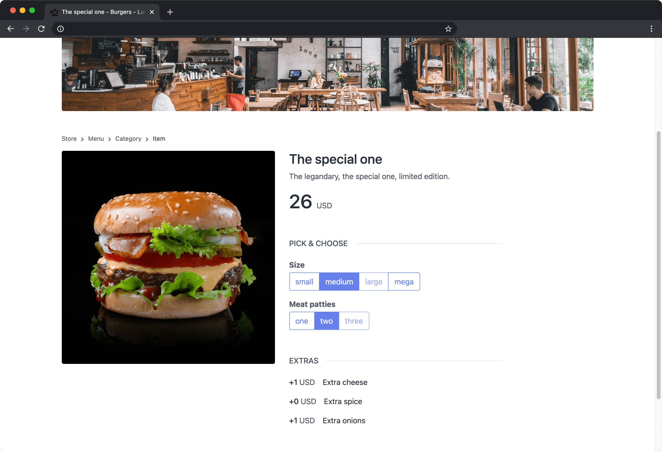 Capture d'écran de la vue d'un élément de menu d'un magasin